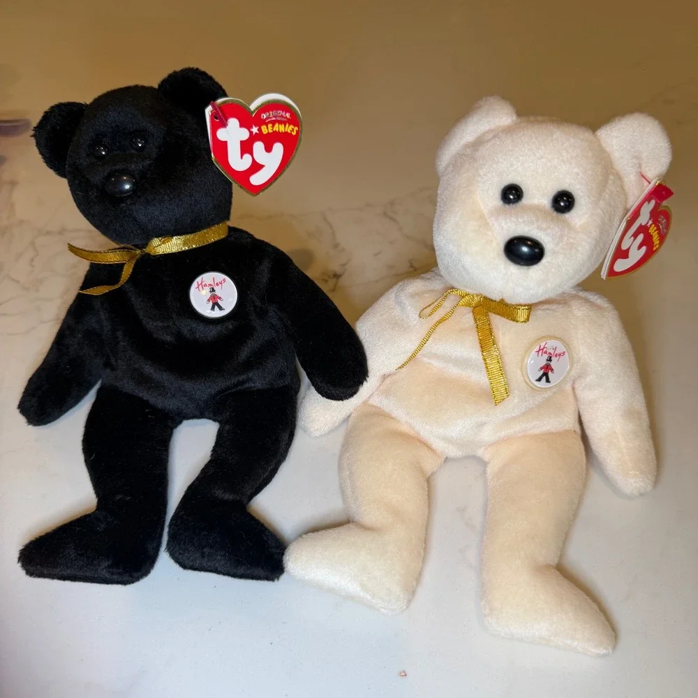 Ty Beanie Babies Ebony‎ & Ivory Hamleys Exclusive Bears 2007 Set Black Cream 8